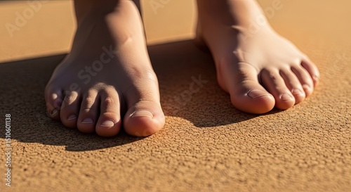 Close-up of bare feet standing on sandy beach during daylight   photo