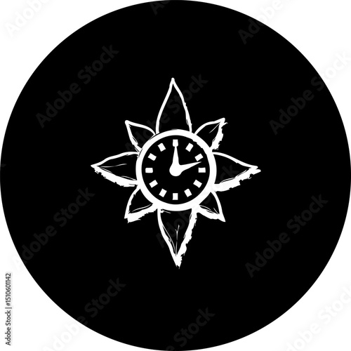 Stylized Clock Face Embedded Within an Abstract Floral Design on Black