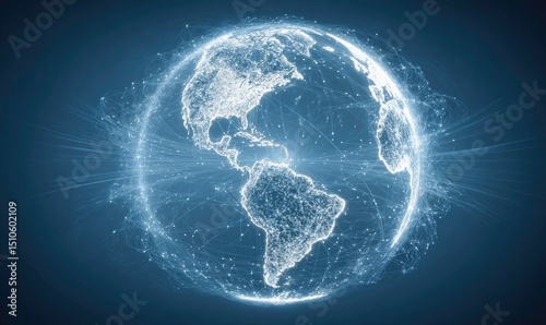 Global Network Connection Concept with Digital Earth and Glowing Connections on Dark Blue Background