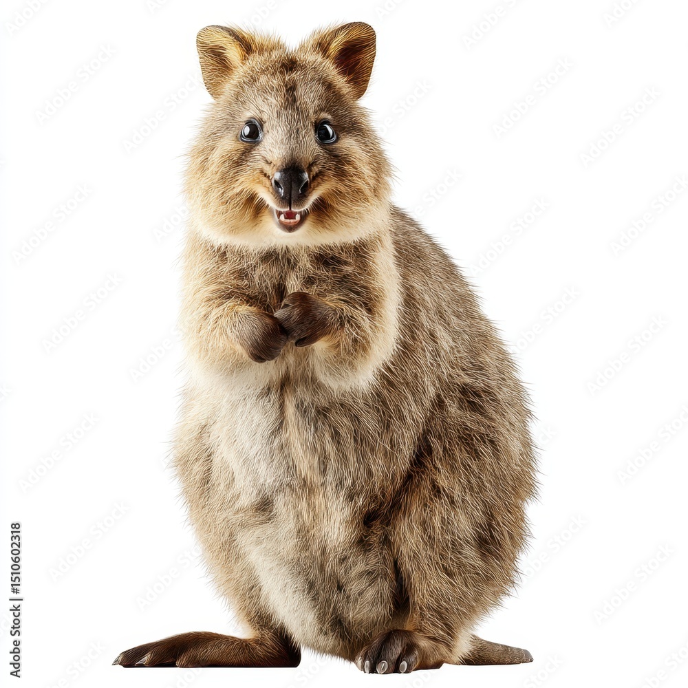 Obraz premium A small, furry quokka stands upright, appearing to smile, against a plain white background.