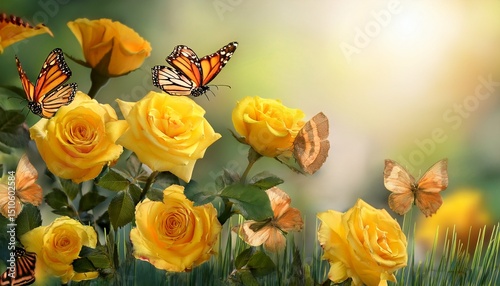 yellow roses in spring with butterflies