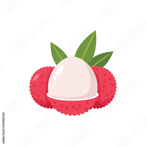 Vector illustration of Lychee with Red Skin and Green Leaves on White Background.