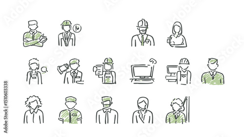 Doodle Style Profession Avatars Including Engineers Managers and Technicians