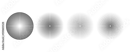 Black concentric circle set. Sonar or sound wave ring collection. Dotted and linear epicentre, target, radar icon concept. Ripple radial signal or vibration elements. Vector line and halftone symbols