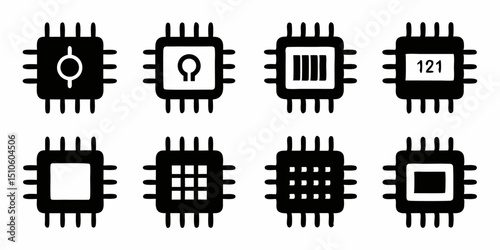 High resolution icon set featuring computer chips and electronic circuitry designs in cmyk