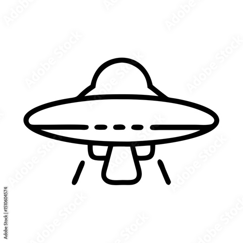 UFO Line Icon with Light Beams Isolated on White Background