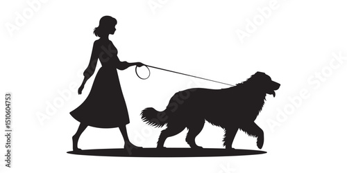 Silhouette of a woman walking a dog on a leash