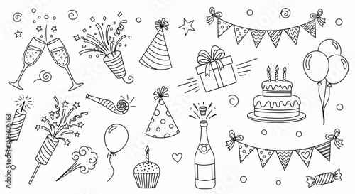 Party Elements Set for Birthday Celebration Line Art