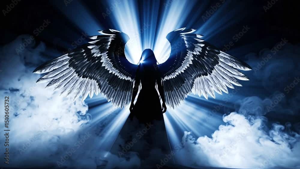Supernatural winged figure with detailed feathered wings standing against dramatic blue light and cloudy background. Silhouetted humanoid form with expansive wings spread wide