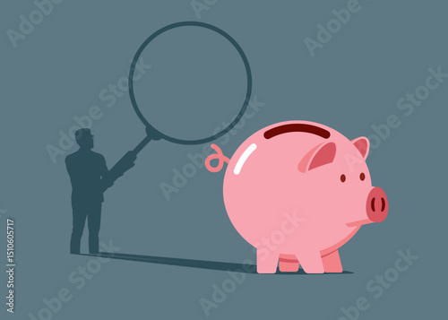 Piggy bank casting a shadow with businessman with magnifying glass  analyzing piggy bank. Savings. Flat vector illustration