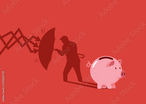 Piggy bank standing with shadow businessman holding umbrella to cover and protect from downturn arrow. Defensive stock in economy crisis or  insurance. Flat vector illustration