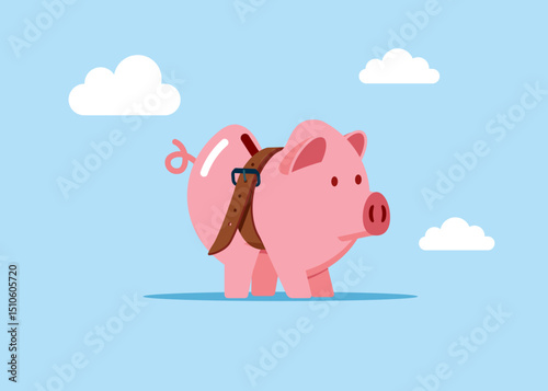 Piggy bank tighten his belt. Reduce budget or spending, financial crisis. Flat vector illustration