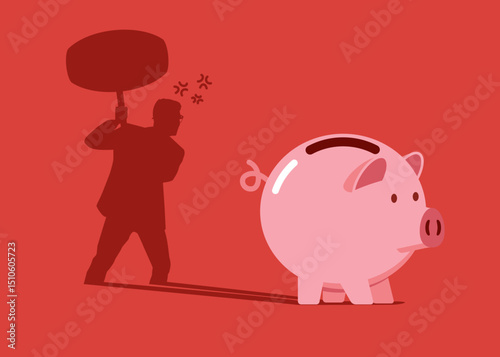 Piggy bank casting a shadow with businessman with sledgehammers about to break pink piggy bank to find money. Flat vector illustration