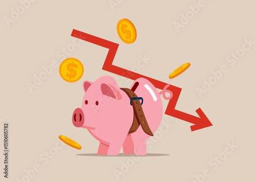Piggy bank tighten belt. Financial crisis in tax. Loan repayment, installment plan. Flat vector illustration