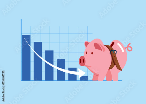 Financial debt or crisis, investment risk from unemployment or lack of income. Piggy bank tighten belt. Flat vector illustration 