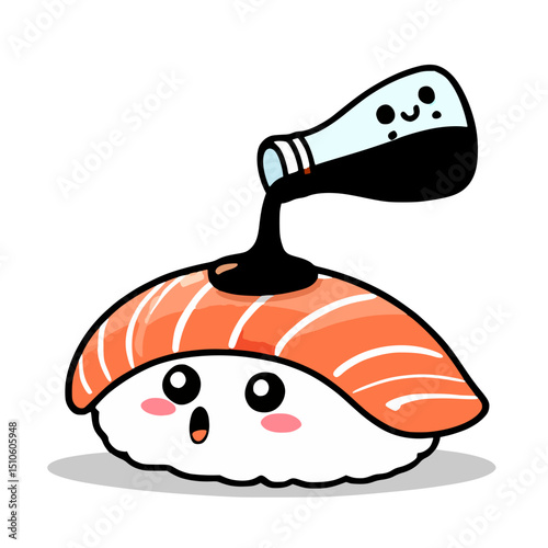 Kawaii Soy Sauce Bottle Pouring on Surprised Salmon Nigiri Sushi 
