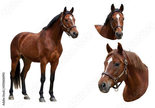 Foto Brown Horse with White Blaze Standing and Head Shots Isolated on White Backgroun