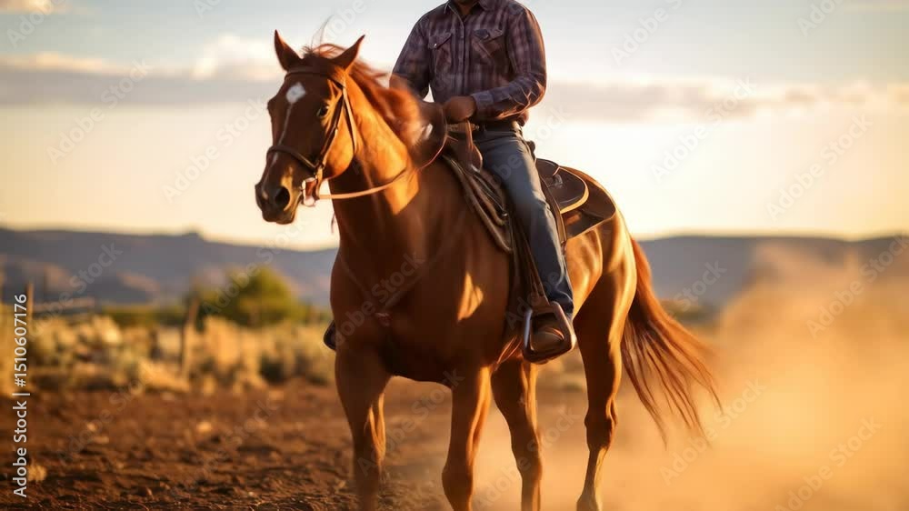 Cowboy riding horse sunset field.