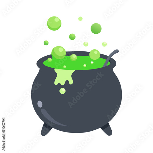 Vector illustration of bubbling cauldron with green potion on white background