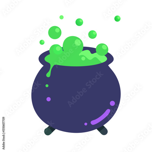 Vector illustration of bubbling cauldron with green potion on white background