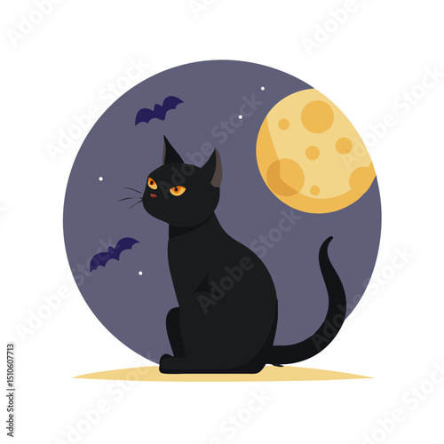 Vector illustration of black cat sitting under a full moon
