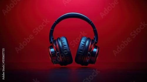 Stylish headphones on red backdrop