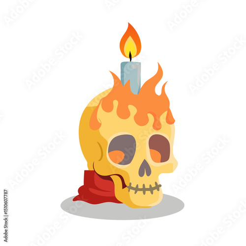 Vector illustration of candle burning in a carved skull on white background