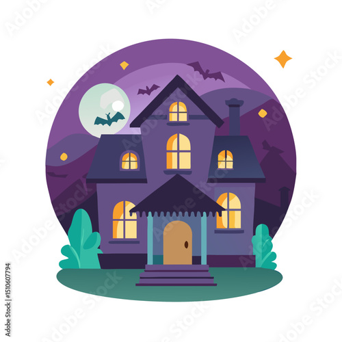 Vector illustration of haunted house with flickering lights