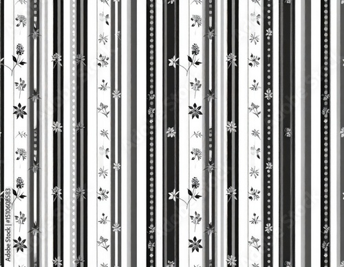 Striped floral pattern in monochrome with varied line styles and botanical elements