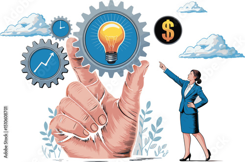 Businesswoman pointing at innovation gear with light bulb, financial growth, productivity strategy, success planning, business development concept, time management, and creative business idea