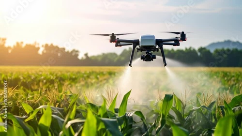 Drone spraying crops at sunset.