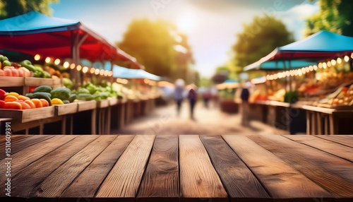 wooden tabletop with a blurred farmers market background