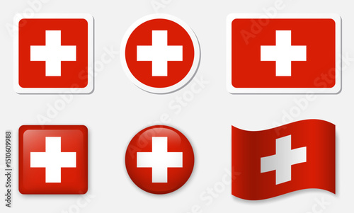 Flag of Switzerland icons collection. Flat stickers and 3d glass vector elements on white background.