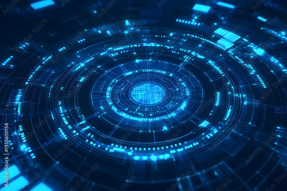 Obraz premium Futuristic digital circular technology concept with glowing blue light and connection structure