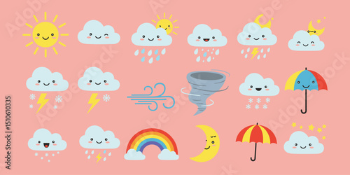 “Cute Weather Icons Set with Sun, Clouds, Rain, Thunderstorms, Moon, Rainbow, and Tornado”