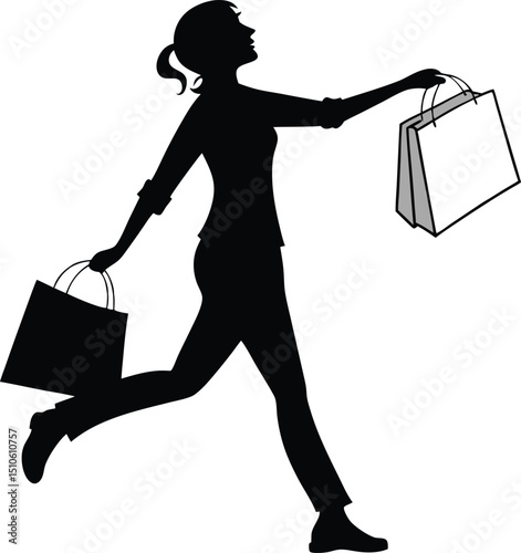 Silhouette of a woman running with shopping bags in her hands on a white background illustration