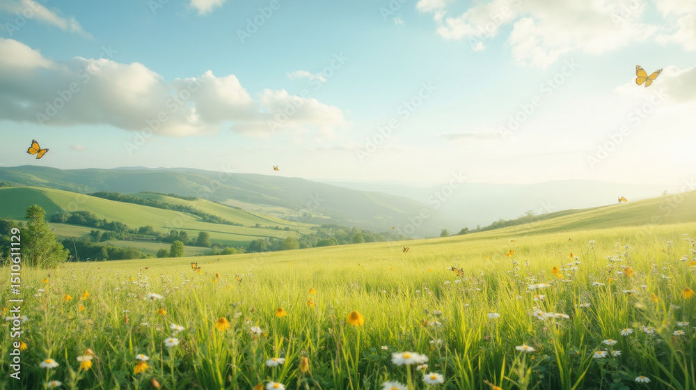 Fototapeta premium Serene landscape featuring vibrant green meadow adorned with wildflowers and butterflies fluttering gentle breeze. sun casts warm glow over hills