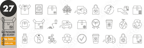 Eco-friendly packaging and delivery - editable stroke thin line icons set. Recycled, biodegradable, eco, box, container, bag, plastic free, recyclable, electric vehicle, vector illustration