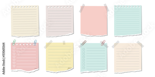 “Set of Pastel Colored Torn Notebook Paper Sheets with Lined and Blank Designs”