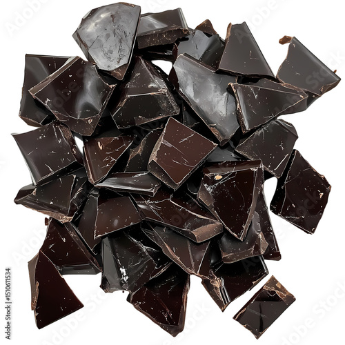 Dark Chocolate Fragments A Rich and Textured Pile isolated on transparent background