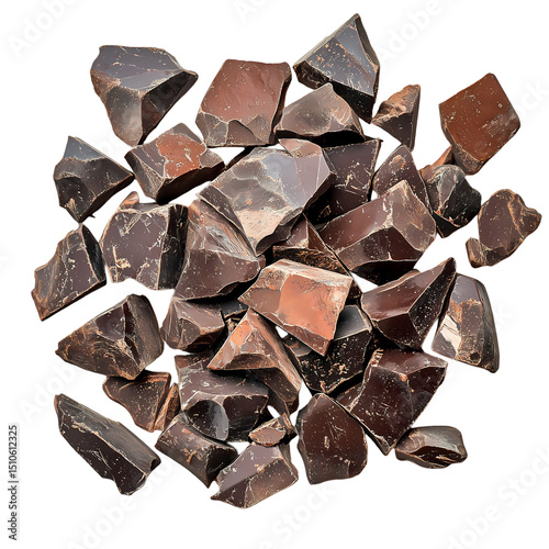 A Pile of Dark Chocolate Chunks isolated on transparent background
