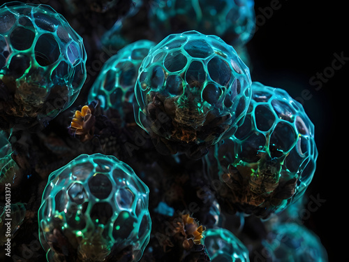 Glowing Seed Pods: Close-up of vibrant, glowing seed pods with intricate honeycomb-like structures, exhibiting a surreal, bioluminescent quality.  