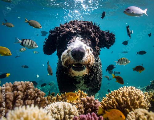 One Portuguese Water Dog is swimming underwater. This picture is a closeup underwater dog portrait. The dog is close to the sea floor, where corals and various fish are swimming.