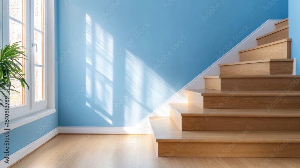 Obraz premium Modern home staircase with light blue walls and oak steps in natural sunlight