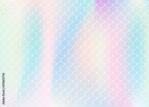 Holographic mermaid background with gradient scales. Bright color transitions. Fish tail banner and invitation. Underwater and sea pattern for girlie party. Stylish back with holographic mermaid.
