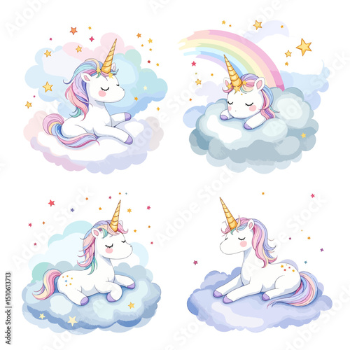 Cute watercolor pastel unicorn clipart with rainbow and balloons