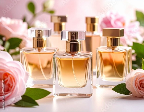 Different perfume bottles and sampler with plants on a pink floral background.