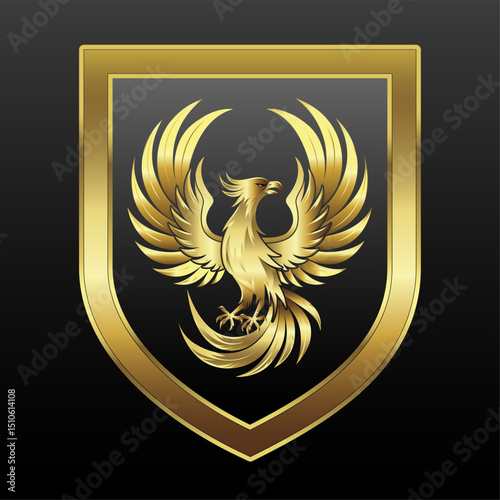 Emblem with a golden phoenix and shield.