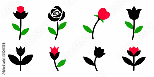 Floral design featuring roses buds leaves red pink green botanical illustration