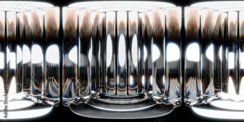 Fototapeta Naklejka Na Ścianę i Meble -  Abstract 3D image of glossy transparent glass-like columns forming a symmetrical tunnel. High contrast reflections and light distortions create a futuristic, high-tech, and immersive visual effect.